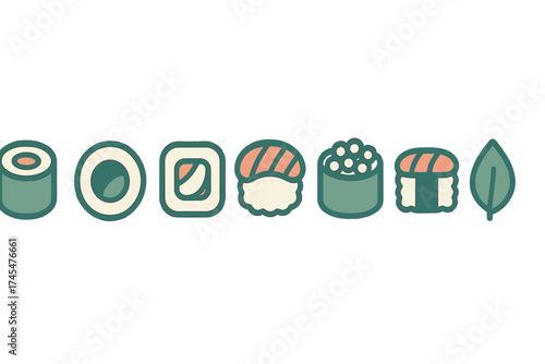 Minimalist set of traditional Japanese sushi pieces including nigiri and maki rolls with a garnish leaf