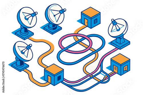 Complex global communication network infrastructure with satellite dishes and data nodes