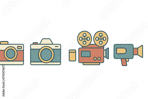Set of four vintage and contemporary media devices including photo cameras and video recorders