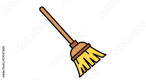 Cartoon Broom with Wooden Handle and Yellow Bristles.