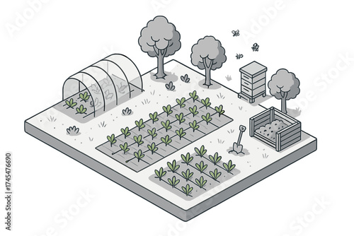 Isometric sustainable organic garden with crops, greenhouse, beehive, and compost area