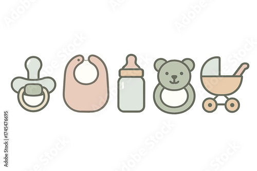 Essential baby care items collection featuring pacifier bib bottle rattle and stroller in pastel colors