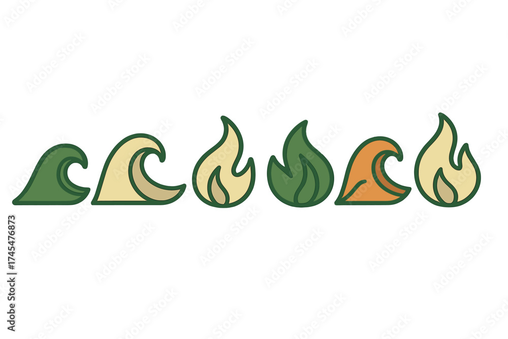 Fototapeta premium Stylized icons representing the natural elements of water and fire in a horizontal row