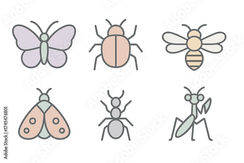 Minimalist set of six colorful insect symbols: butterfly, beetle, bee, moth, ant, and mantis