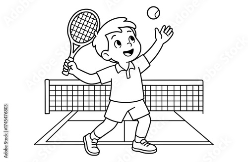 Young boy playing tennis in outline style for coloring pages