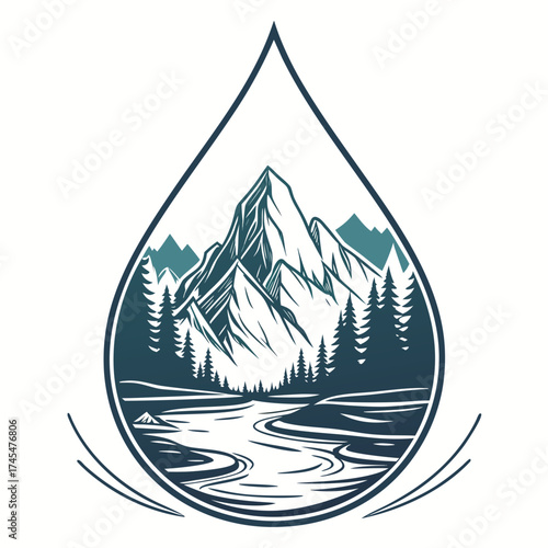 Mountain landscape inside a water drop, nature and purity concept illustration
