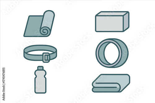 Essential yoga and fitness accessories collection including mat, block, strap, wheel, bottle, and towel