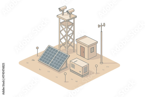 Remote monitoring station with solar panel, security cameras, generator, and weather equipment