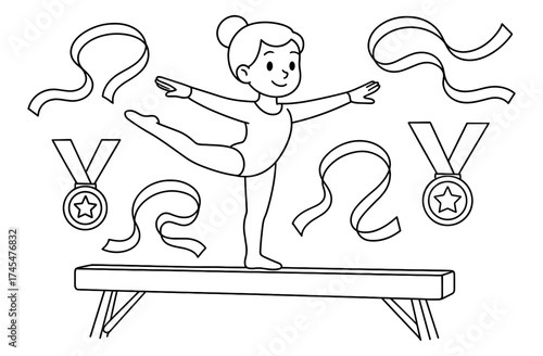 Young gymnast balancing on beam with medals and ribbons in outline style
