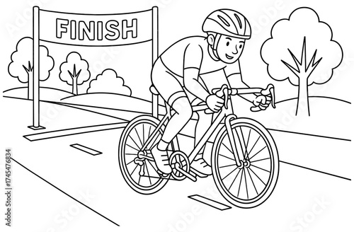 Cyclist crossing finish line in black and white outline drawing