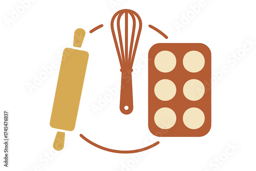 Essential kitchen utensils for baking preparation including a rolling pin whisk and muffin tray with dough