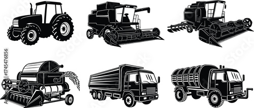 Black silhouette vector illustration, tractor, combine harvester, forage harvester, cargo truck, tanker truck, agricultural machinery, farming vehicle, transport, line art