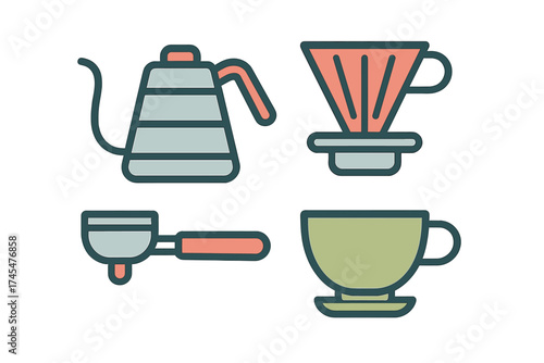 Essential coffee brewing equipment including kettle, pour over dripper, portafilter, and mug