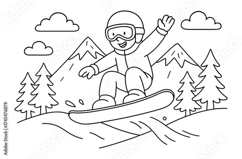 Fun snowboarding adventure: child enjoys winter sport in mountain landscape