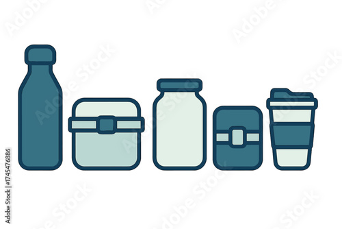 Set of reusable food and drink containers including water bottle, lunch boxes, jar, and travel mug