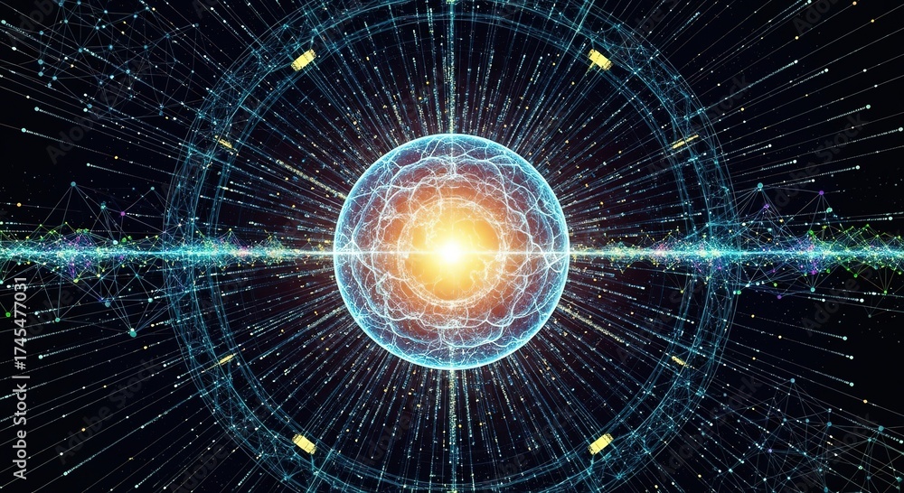 Obraz premium Dynamic digital network visualization with glowing spherical core and radiating data streams, perfect for tech and innovation concepts.