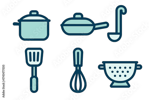 Essential kitchen tools and cooking equipment symbols including pot, pan, ladle, and whisk