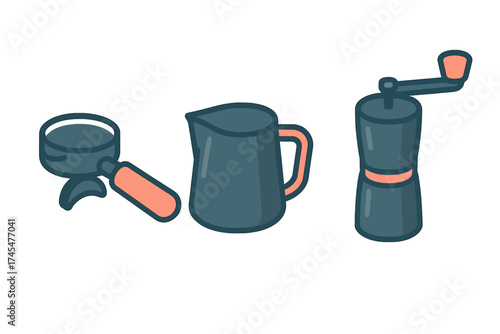 Essential coffee brewing equipment including a portafilter, milk pitcher, and manual grinder