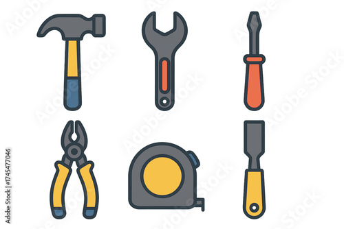 Hand tools for construction and repair including hammer, wrench, screwdriver, and tape measure
