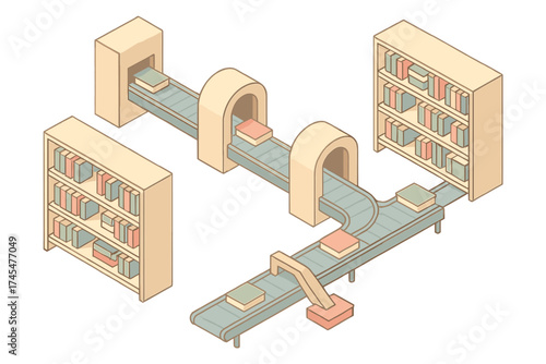 Complex automated system moving books along conveyor belts connecting multiple storage shelves