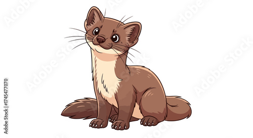 Adorable cartoon weasel with brown fur and white chest sitting.
