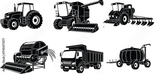 Black silhouette vector illustration, tractor, combine harvester, plow tractor, crop washer, dump truck, liquid tank trailer, agricultural machinery, line art
