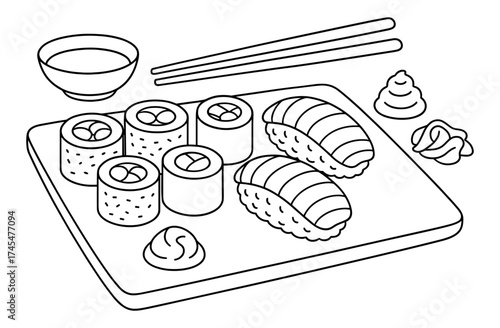 Minimalist line drawing of sushi platter with nigiri and chopsticks