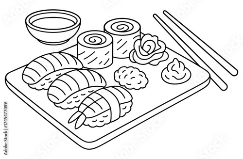 Linear sushi platter with chopsticks and bowl in black and white
