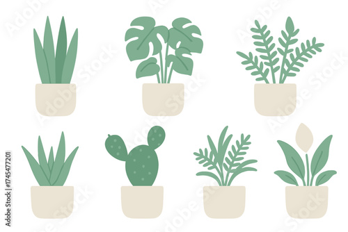 Set of six potted indoor houseplants including cactus monstera and peace lily in pastel colors