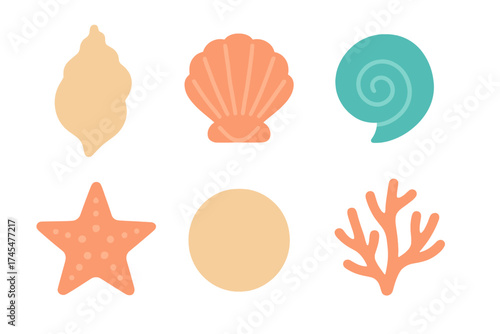 Colorful flat design set of marine life elements and seashells
