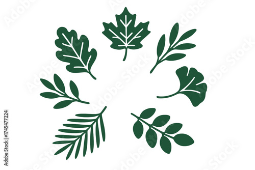 Stylized dark green botanical icons forming a decorative circular frame featuring diverse foliage shapes