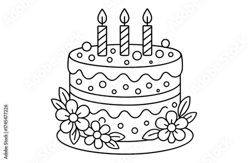 Simple birthday cake with candles and flowers coloring page design