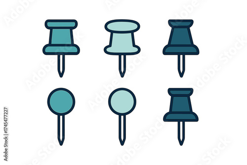 Set of six teal and blue pushpins and thumbtacks in various shapes and styles for office use