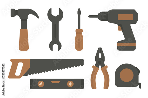 Collection of essential construction and repair tools including hammer, saw, drill, wrench, and level