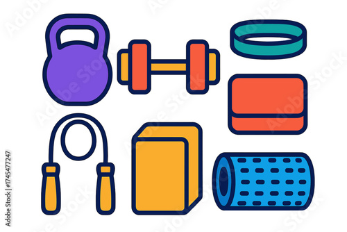 Colorful collection of essential gym and home workout equipment including kettlebell dumbbell jump rope and foam roller