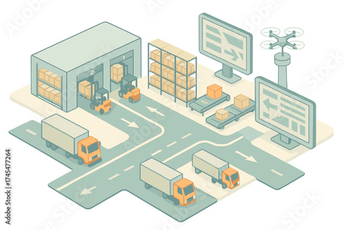 Automated logistics system managing supply chain with warehouse, trucks, and drone technology