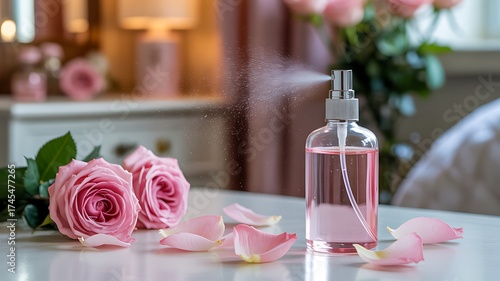 Pink Rose Water Spray Bottle With Pink Roses And Petals mist perfume