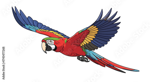 Vibrant Scarlet Macaw Parrot Flying with Spread Wings.