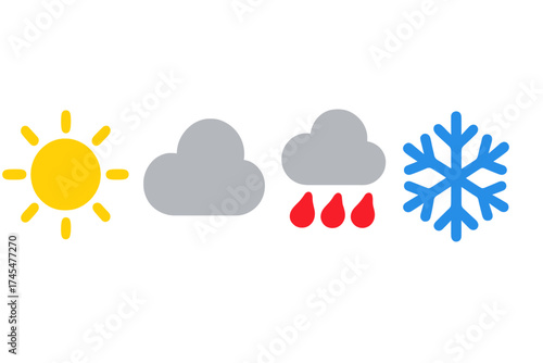 Four basic weather forecast symbols: sun, cloud, rain, and snowflake icons