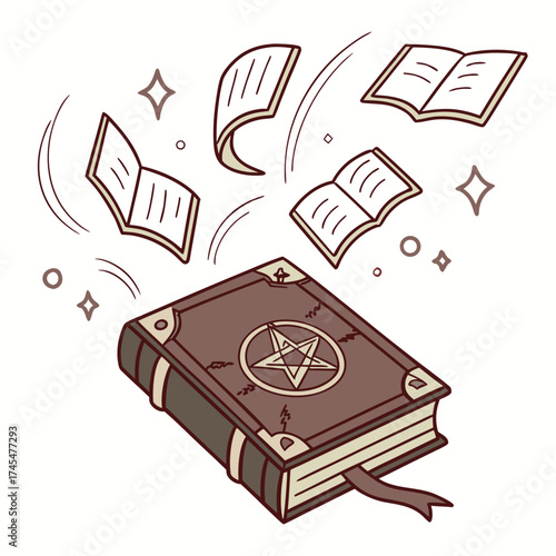 A magical spellbook with floating pages