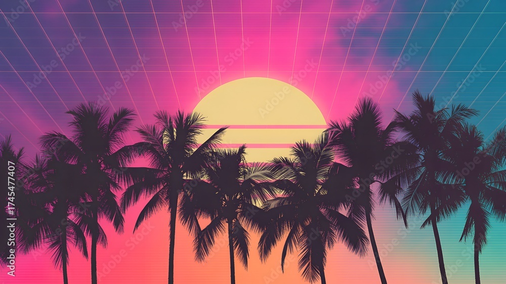 Naklejka premium Silhouette of palm trees against a vibrant retro sunset.