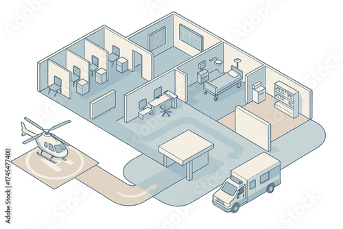 Isometric floor plan of a modern emergency hospital facility with ambulance and helicopter access