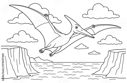 Pterodactyl flying over ocean in outline landscape with cliffs and clouds