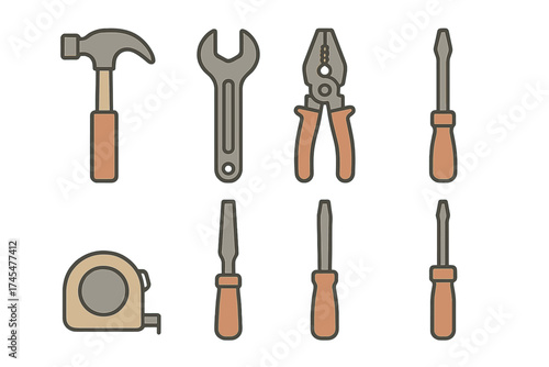 Collection of essential repair and construction hand tools including hammer, wrench, and screwdrivers