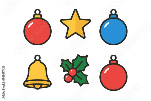 Colorful set of traditional Christmas holiday decorative elements including ornaments star bell and holly