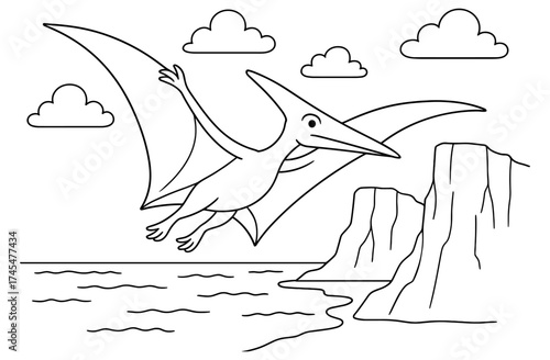 Smiling pterodactyl flying over cliffs in fun and simple line art design
