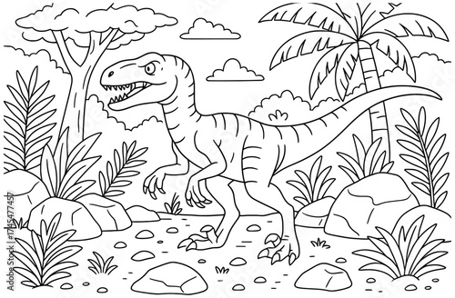 Dinosaur in prehistoric jungle landscape line art scene