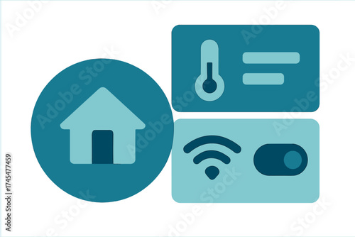 Smart house automation interface elements with temperature control and wireless network symbols