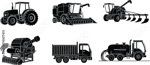 Black silhouette vector illustration, tractor, combine harvester, threshing machine, dump truck, tanker truck, agricultural machinery, industrial transport, heavy vehicle, line art