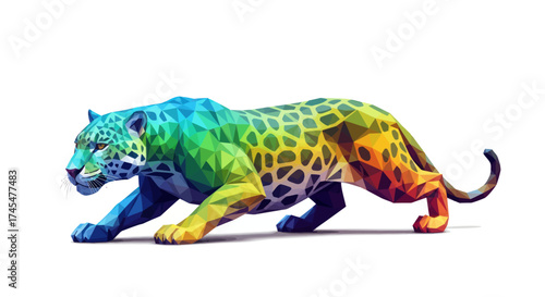 Vibrant Rainbow Jaguar Sculpture in Dynamic Pose.